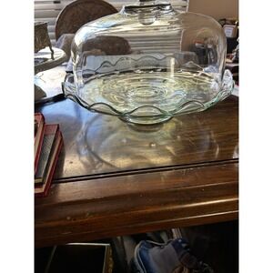 Vintage Clear Glass Cake Stand with Scalloped Rim and Dome Lid Pedestal Base